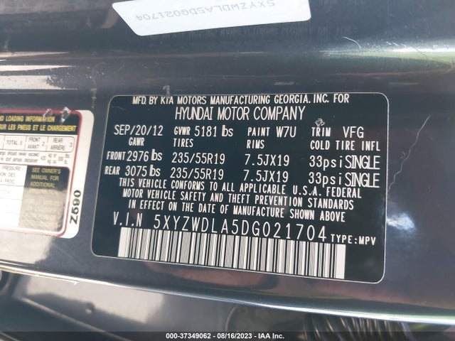 2013 HYUNDAI SANTA FE 2.0T SPORT VIN: 5XYZWDLA5DG021704