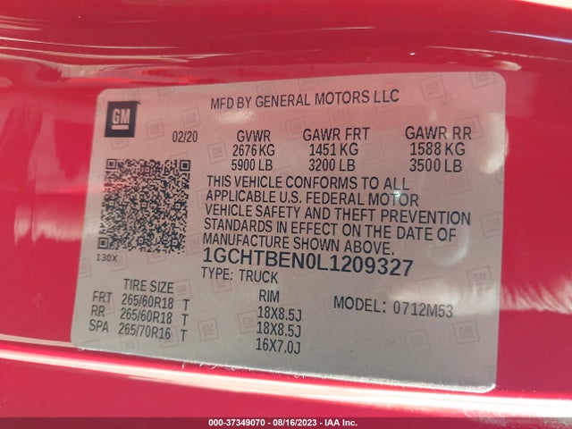 Продаж на аукціоні авто 2020 Chevrolet Colorado 4wd Work Truck, vin: 1GCHTBEN0L1209327, номер лоту: 37349070