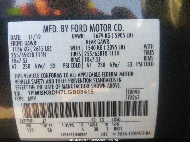 2020 FORD EXPLORER XLT VIN: 1FMSK8DH7LGB08415