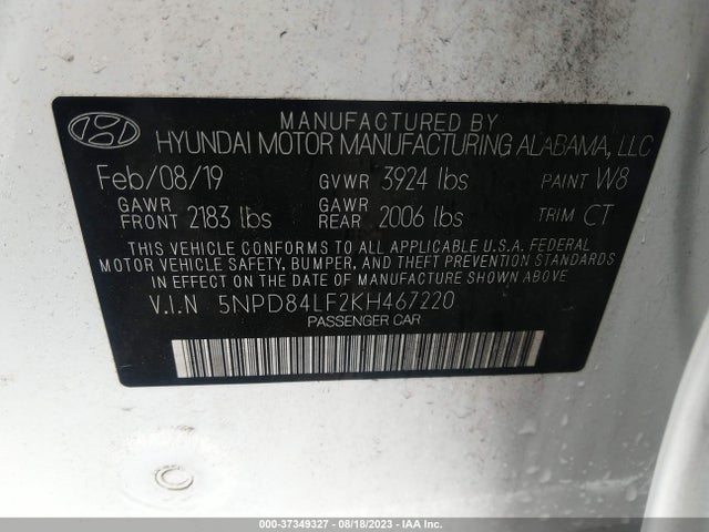 2019 HYUNDAI ELANTRA SEL VIN: 5NPD84LF2KH467220