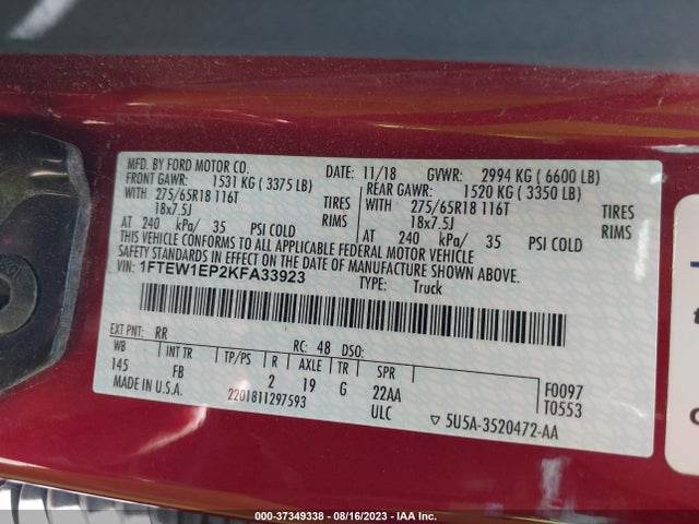 2019 FORD F-150 XLT VIN: 1FTEW1EP2KFA33923