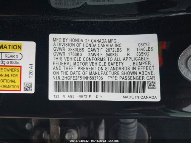 2HGFE2F51NH593706 Honda Civic Sedan Sport