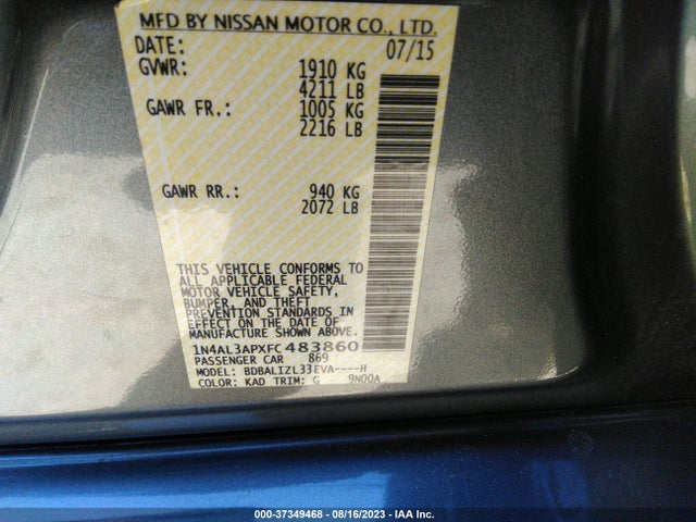 2015 NISSAN ALTIMA 2.5 SV VIN: 1N4AL3APXFC483860