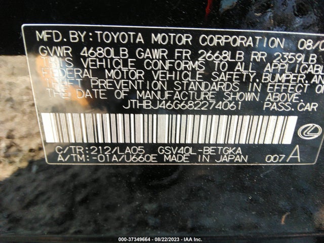 2008 LEXUS ES 350 VIN: JTHBJ46G682274061