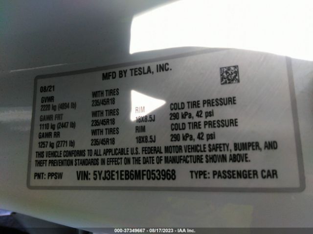 5YJ3E1EB6MF053968 Tesla Model 3 Long Range