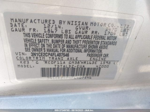 3N1CE2CP4FL407546 Nissan Versa Note S/s Plus/sv/sr/sl