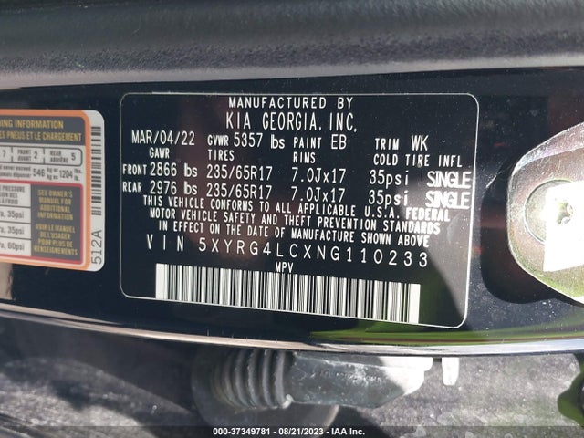 Aukcja sprzedaży 2022 Kia Sorento Lx, vin: 5XYRG4LCXNG110233, numer aukcji: 37349781