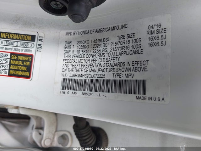 2016 Honda Cr-v Lx მანქანა იყიდება აუქციონზე, vin: 5J6RM4H32GL072225, აუქციონის ნომერი: 37349980
