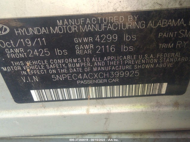 2012 HYUNDAI SONATA VIN: 5NPEC4ACXCH399925
