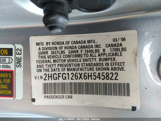 2006 HONDA CIVIC CPE LX VIN: 2HGFG126X6H545822