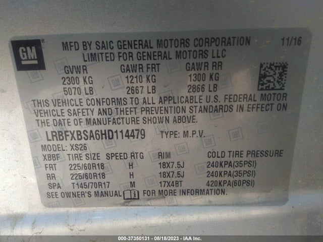 2017 BUICK ENVISION ESSENCE VIN: LRBFXBSA6HD114479