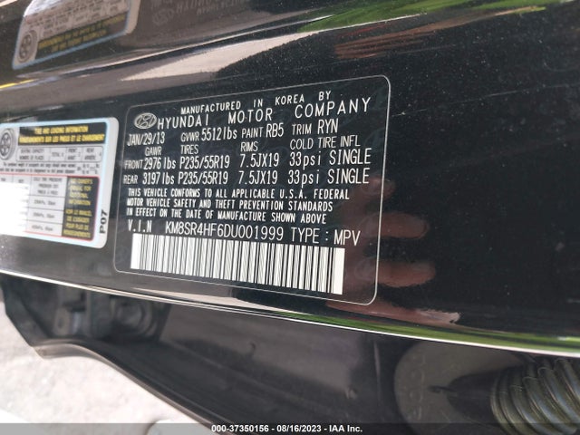 2013 HYUNDAI SANTA FE LIMITED VIN: KM8SR4HF6DU001999