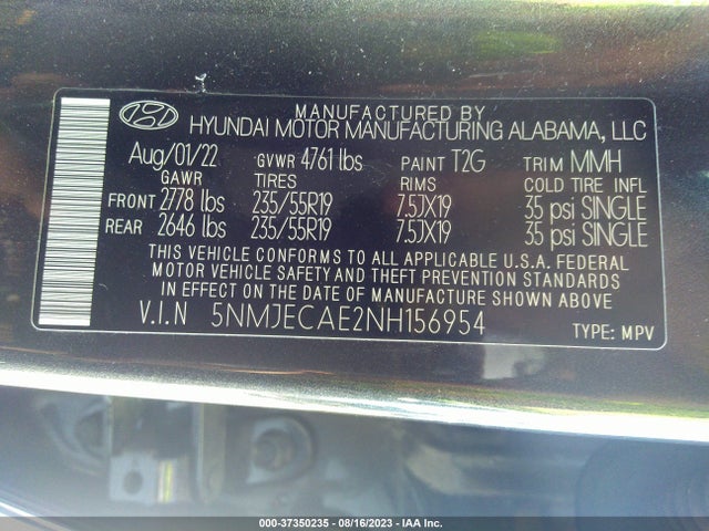 2022 HYUNDAI TUCSON LIMITED VIN: 5NMJECAE2NH156954