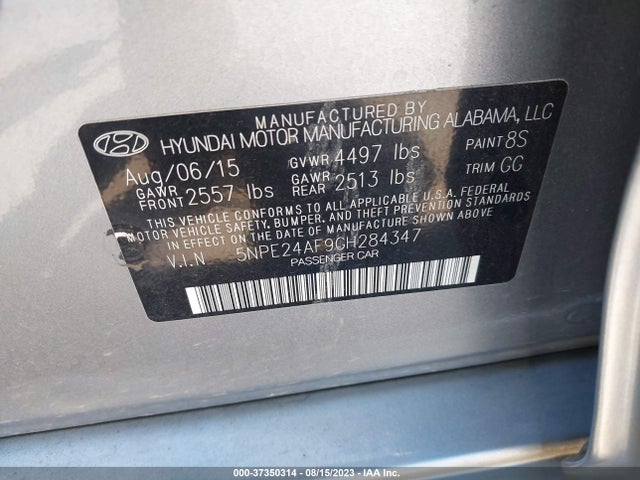 2016 HYUNDAI SONATA 2.4L SE VIN: 5NPE24AF9GH284347