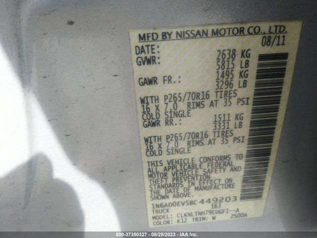 2011 NISSAN FRONTIER SV VIN: 1N6AD0EV5BC449203