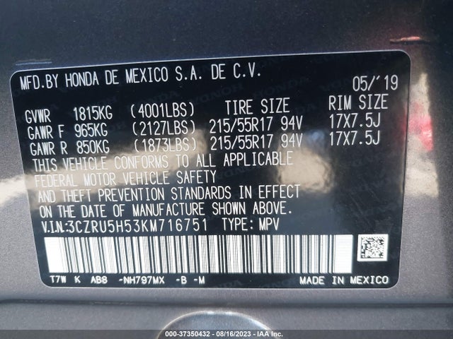 Honda HR-V EX 2019 3CZRU5H53KM716751 Image 9