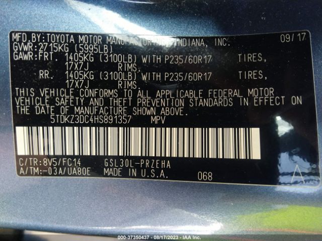 5TDKZ3DC4HS891357 Toyota SIENNA LE