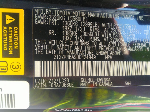 2013 LEXUS RX 350 VIN: 2T2ZK1BA9DC124949