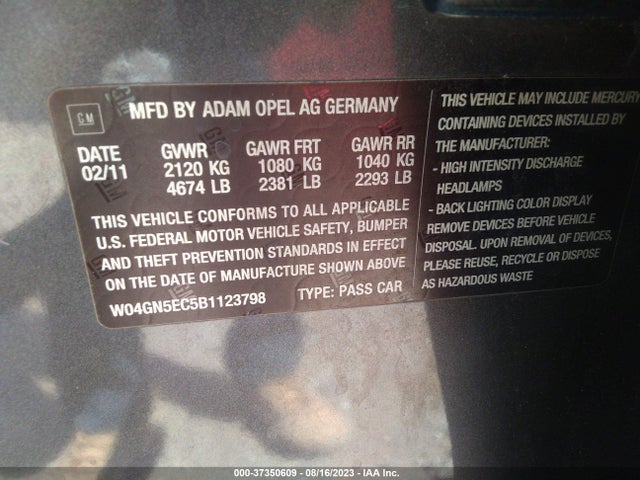 2011 BUICK REGAL CXL RL1 VIN: W04GN5EC5B1123798