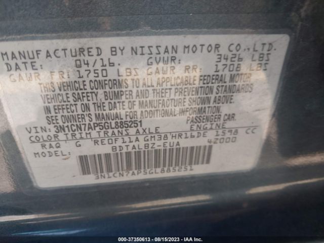 3N1CN7AP5GL885251 Nissan Versa S/s Plus/sl/sv