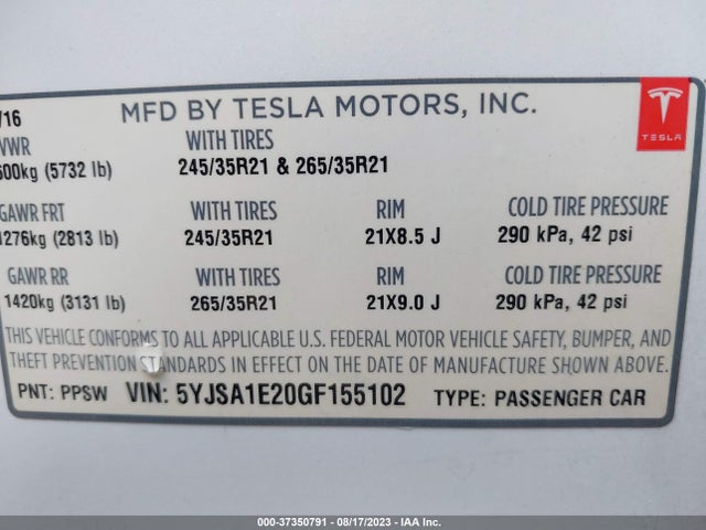 Tesla Model S 75d 2016 5YJSA1E20GF155102 Image 9