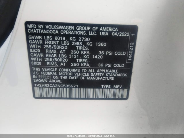 1V2HR2CA2NC535571 Volkswagen Atlas 3.6l V6 Se W/technology