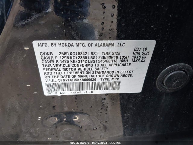 Honda Pilot Ex-l 2019 5FNYF6H5XKB069626 Image 9