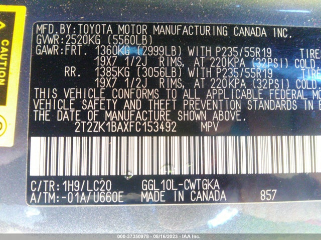 2T2ZK1BAXFC153492 Lexus RX 350