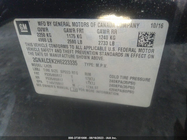 Chevrolet EQUINOX LT 2017 2GNALCEK2H6223335 Image 9