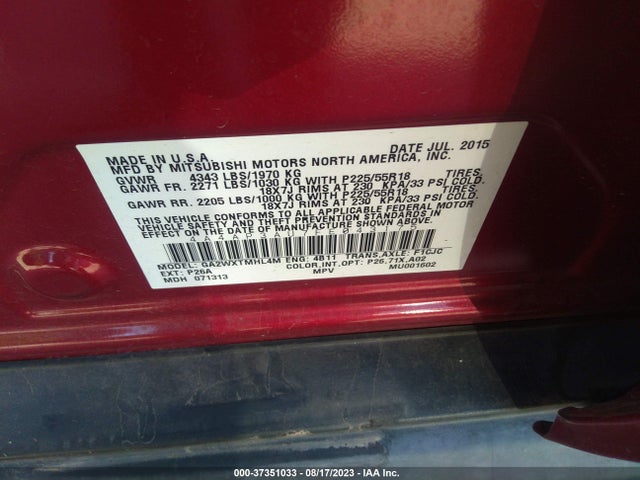 4A4AP3AU7FE043175 Mitsubishi Outlander Sport Es
