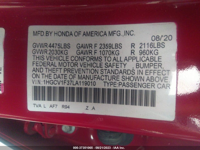 2020 HONDA ACCORD SEDAN SPORT VIN: 1HGCV1F37LA119010