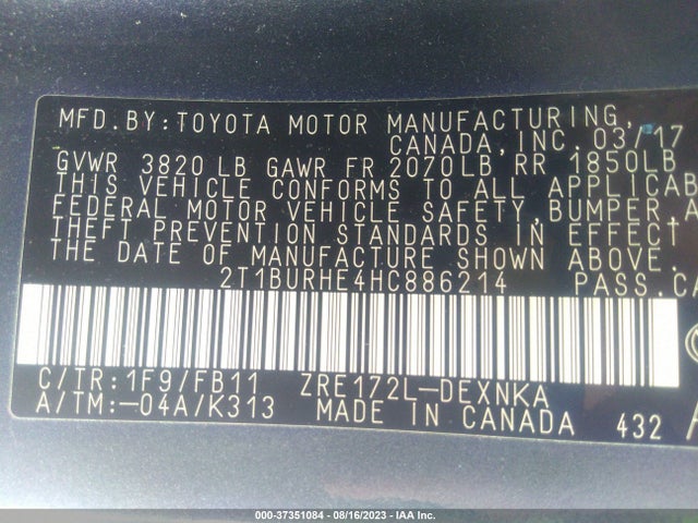 2017 TOYOTA COROLLA L/LE/XLE/SE VIN: 2T1BURHE4HC886214