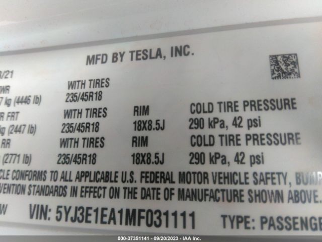 5YJ3E1EA1MF031111 Tesla Model 3 Standard Range Plus