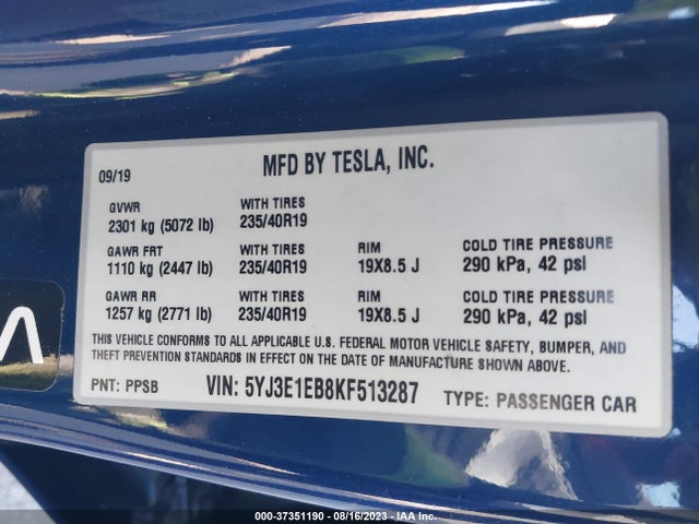 Tesla Model 3 Long Range/performance 2019 5YJ3E1EB8KF513287 Image 8