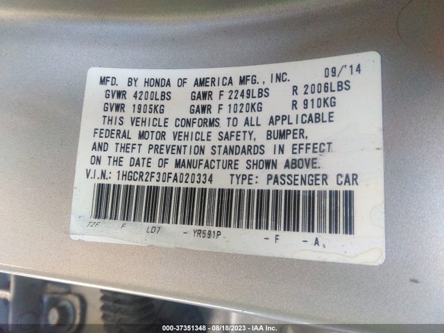Honda Accord Sedan Lx 2015 1HGCR2F30FA020334 Image 9