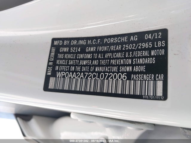 2012 PORSCHE PANAMERA VIN: WP0AA2A72CL072006