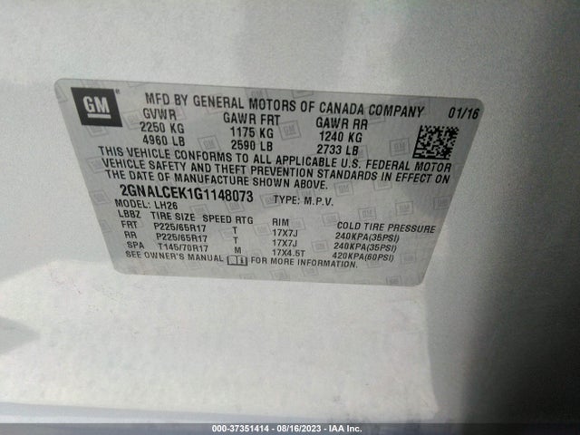 Chevrolet EQUINOX LT 2016 2GNALCEK1G1148073 Image 9