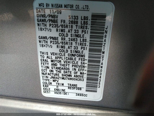2010 NISSAN MURANO SL VIN: JN8AZ1MU7AW004353