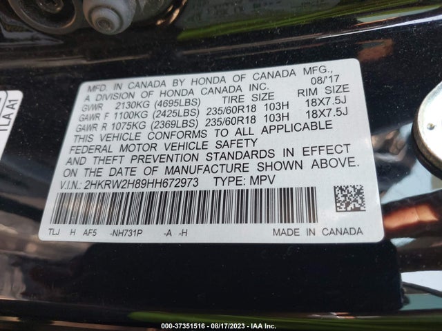 Honda Cr-v Ex-l 2017 2HKRW2H89HH672973 Image 9