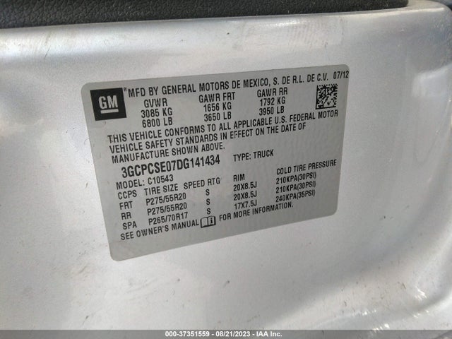 2013 CHEVROLET SILVERADO 1500 LT VIN: 3GCPCSE07DG141434