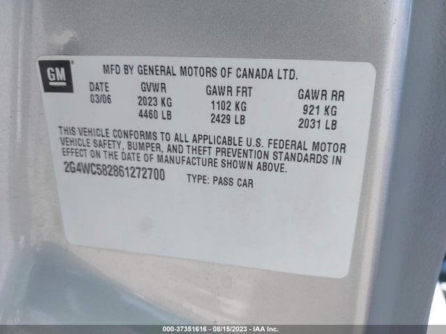 2006 BUICK LACROSSE CX VIN: 2G4WC582861272700