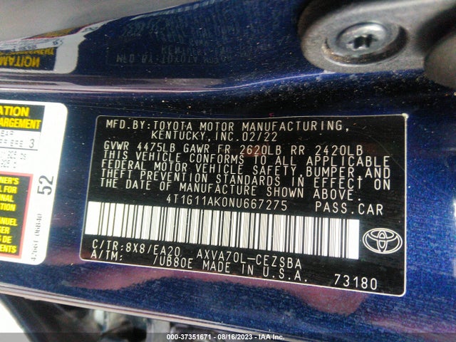Aukcja sprzedaży 2022 Toyota Camry Se, vin: 4T1G11AK0NU667275, numer aukcji: 37351671