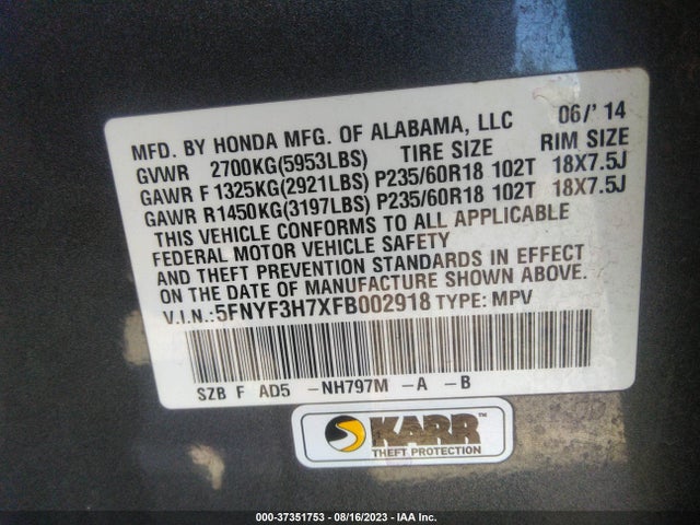 Honda Pilot Ex-l 2015 5FNYF3H7XFB002918 Image 9