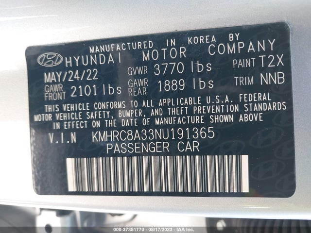2022 HYUNDAI VENUE SEL VIN: KMHRC8A33NU191365