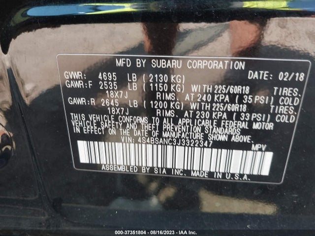 2018 SUBARU OUTBACK 2.5I LIMITED VIN: 4S4BSANC3J3322347