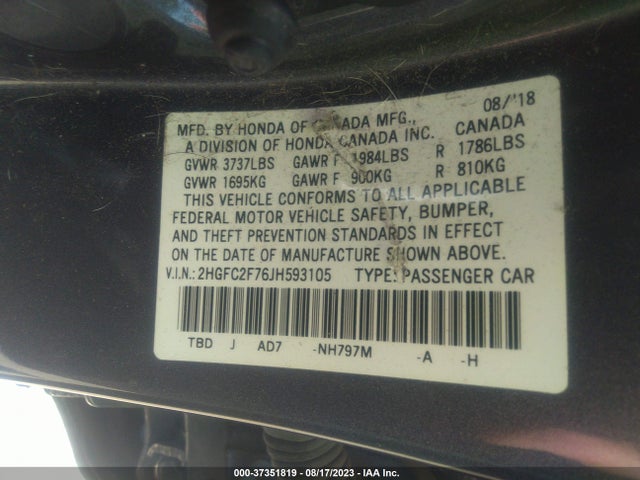 Honda Civic Sedan Ex 2018 2HGFC2F76JH593105 Image 9