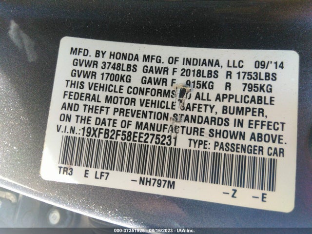 Honda Civic Sedan Lx 2014 19XFB2F58EE275231 Image 9