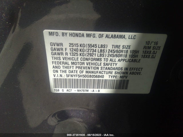 Honda Pilot Ex-l 2016 5FNYF5H50GB056840 Image 15