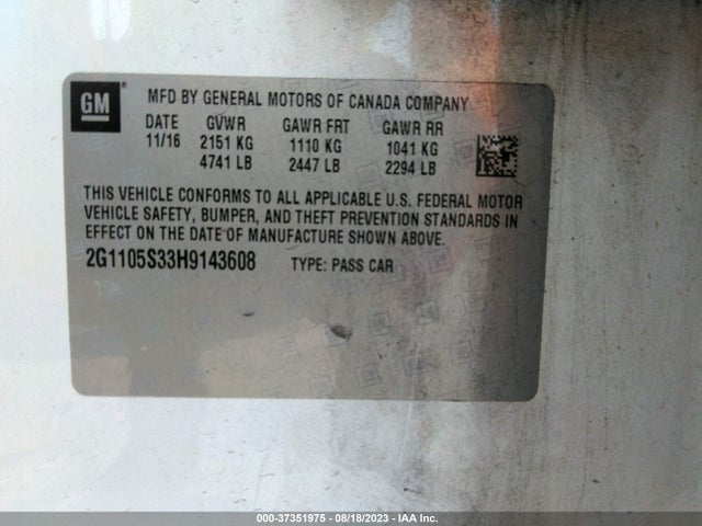 Chevrolet IMPALA LT 2017 2G1105S33H9143608 Image 9
