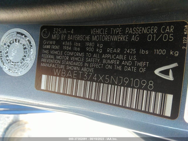 2005 BMW 3 SERIES 325I VIN: WBAET374X5NJ91098